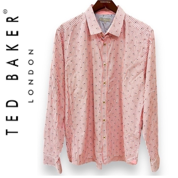 Ted Baker London Men’s buttondown shirt, striped floral print, pink/white, sz 6 - Picture 1 of 14